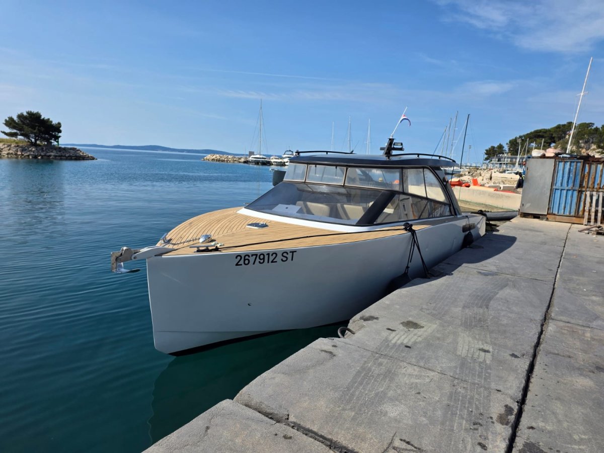 Overhead view of teak bow deck at Split marina