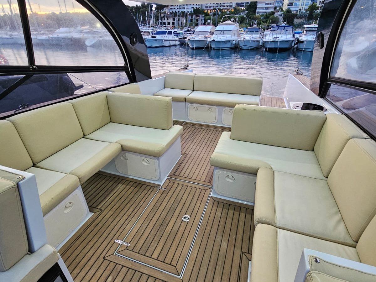 U-lounge looking aft at dusk in Split marina