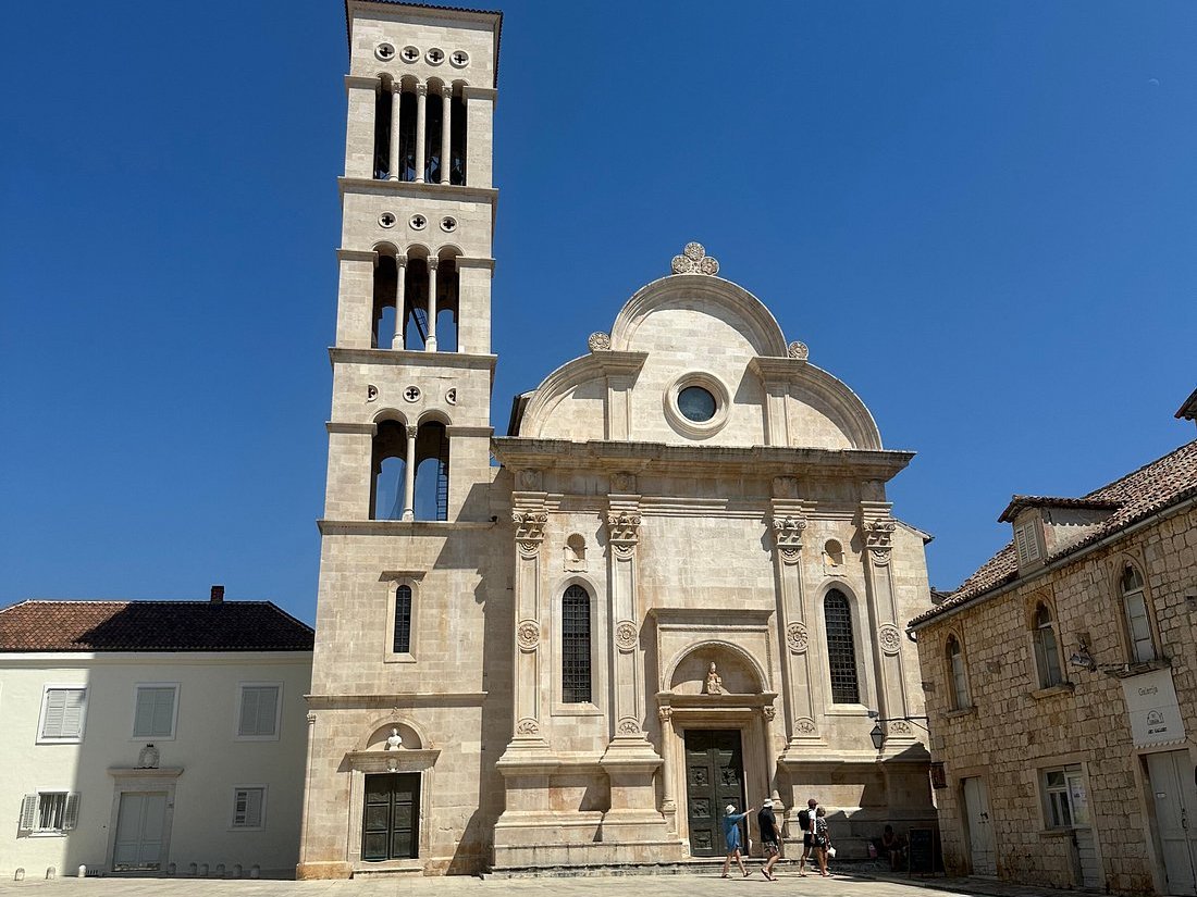 Facade and bell tower of St Stephen’s Cathedral in Hvar Town